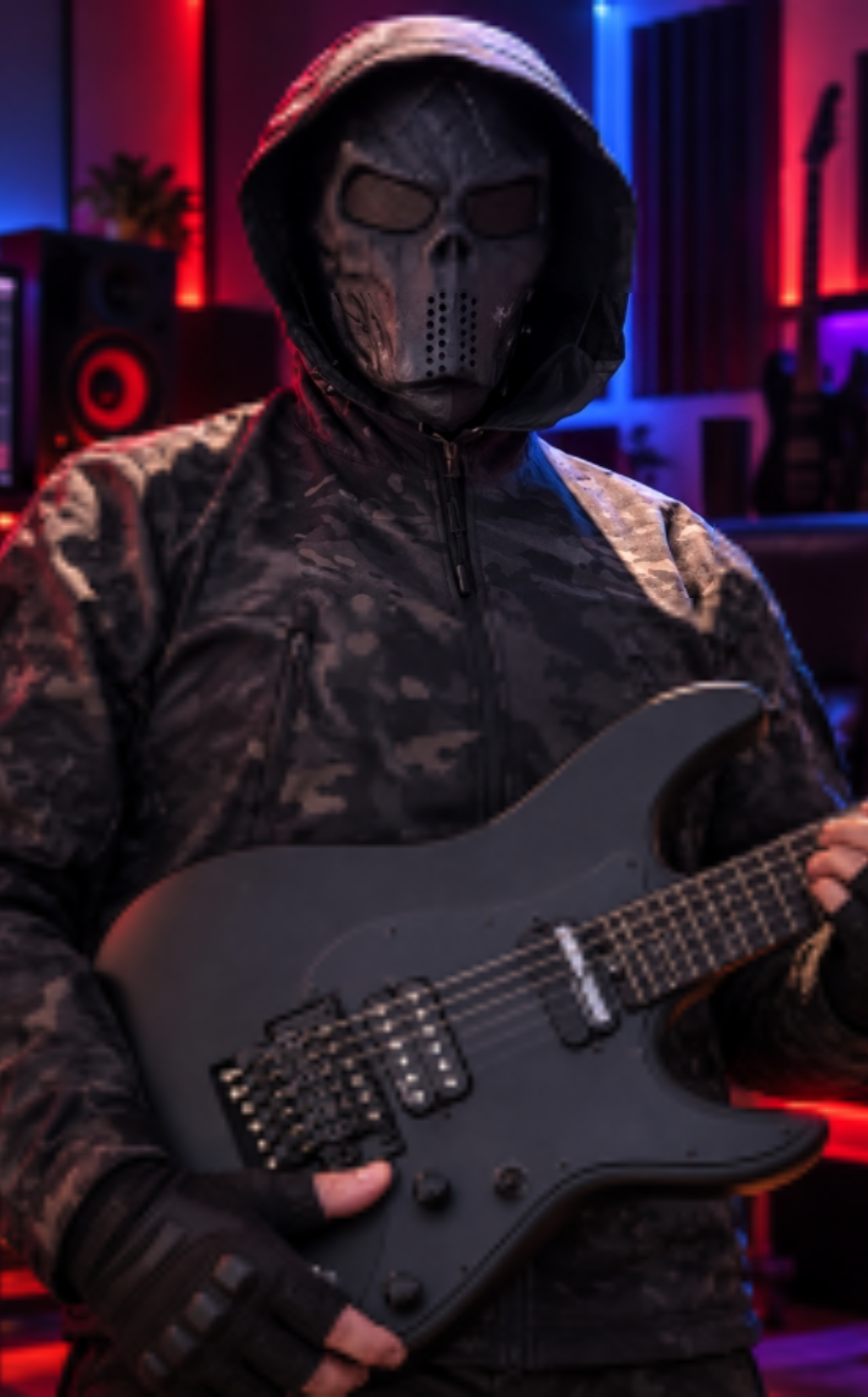 Masked Fractal Hymn guitarist in the studio