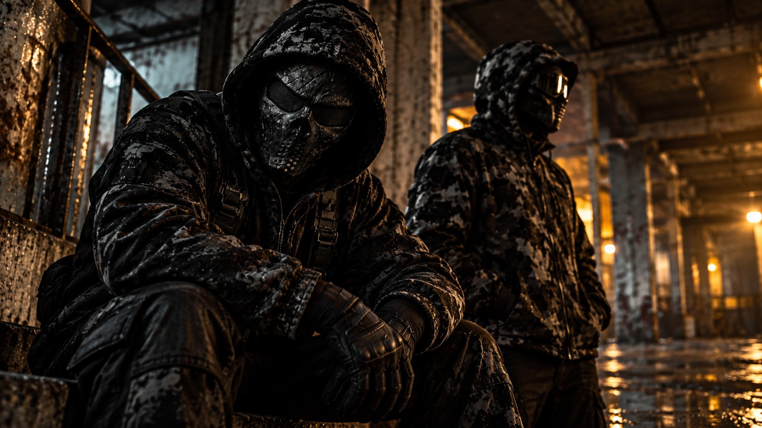The Fractal Hymn masked figures in a weathered industrial interior