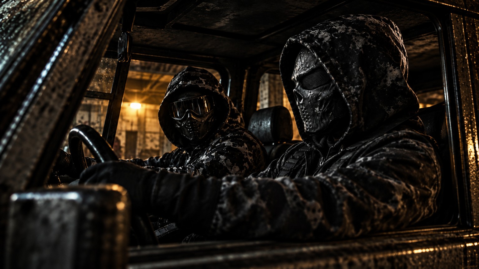 Masked Fractal Hymn characters in an industrial vehicle