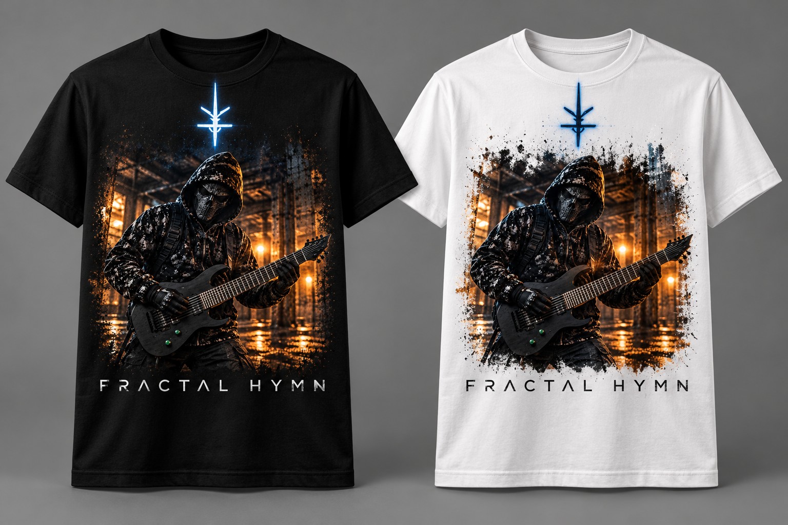 Industrial Guitar Fractal Hymn shirts in black and white, men's standard fit