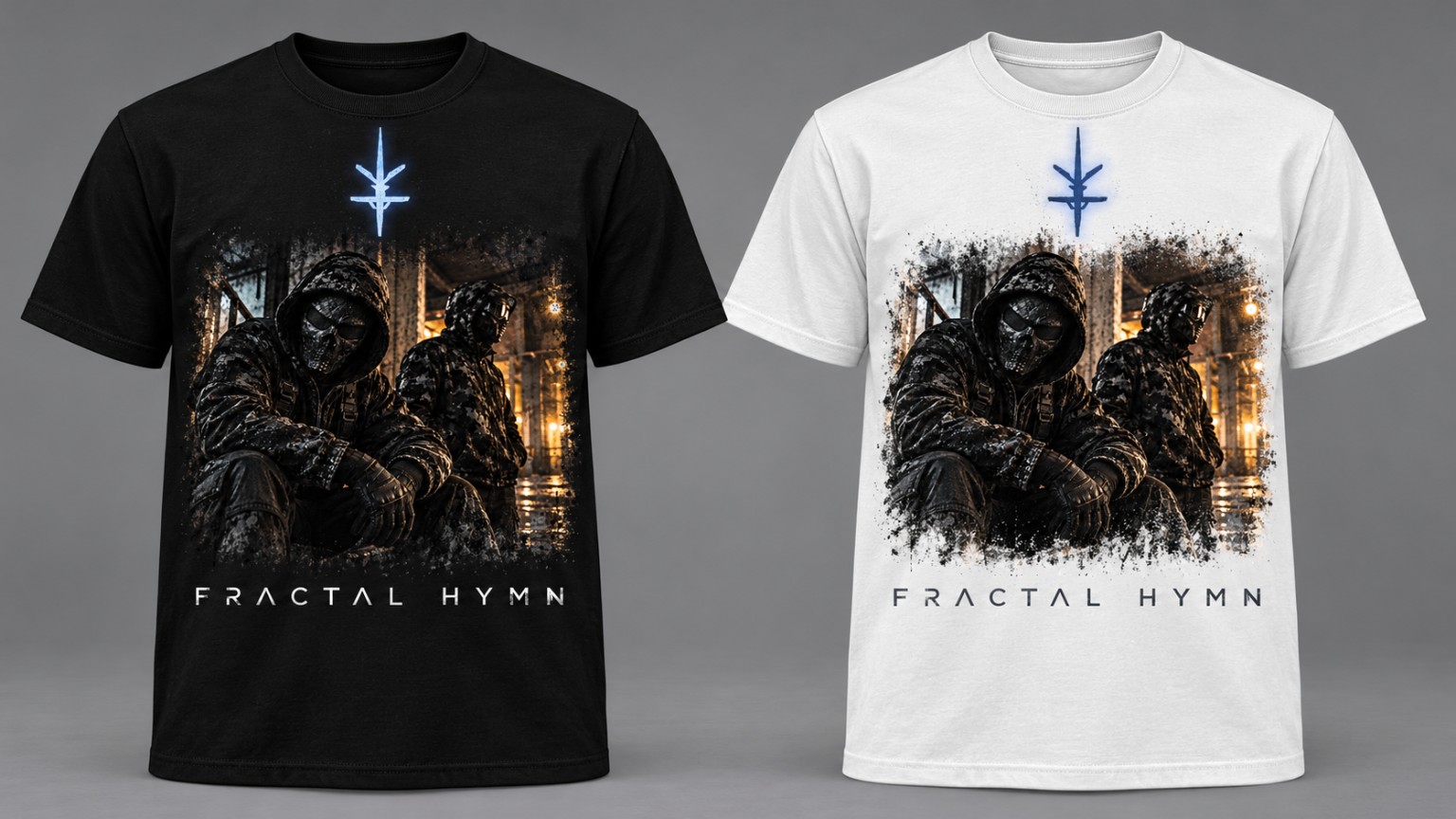 Shadow Duo Fractal Hymn shirts in black and white, men's standard fit