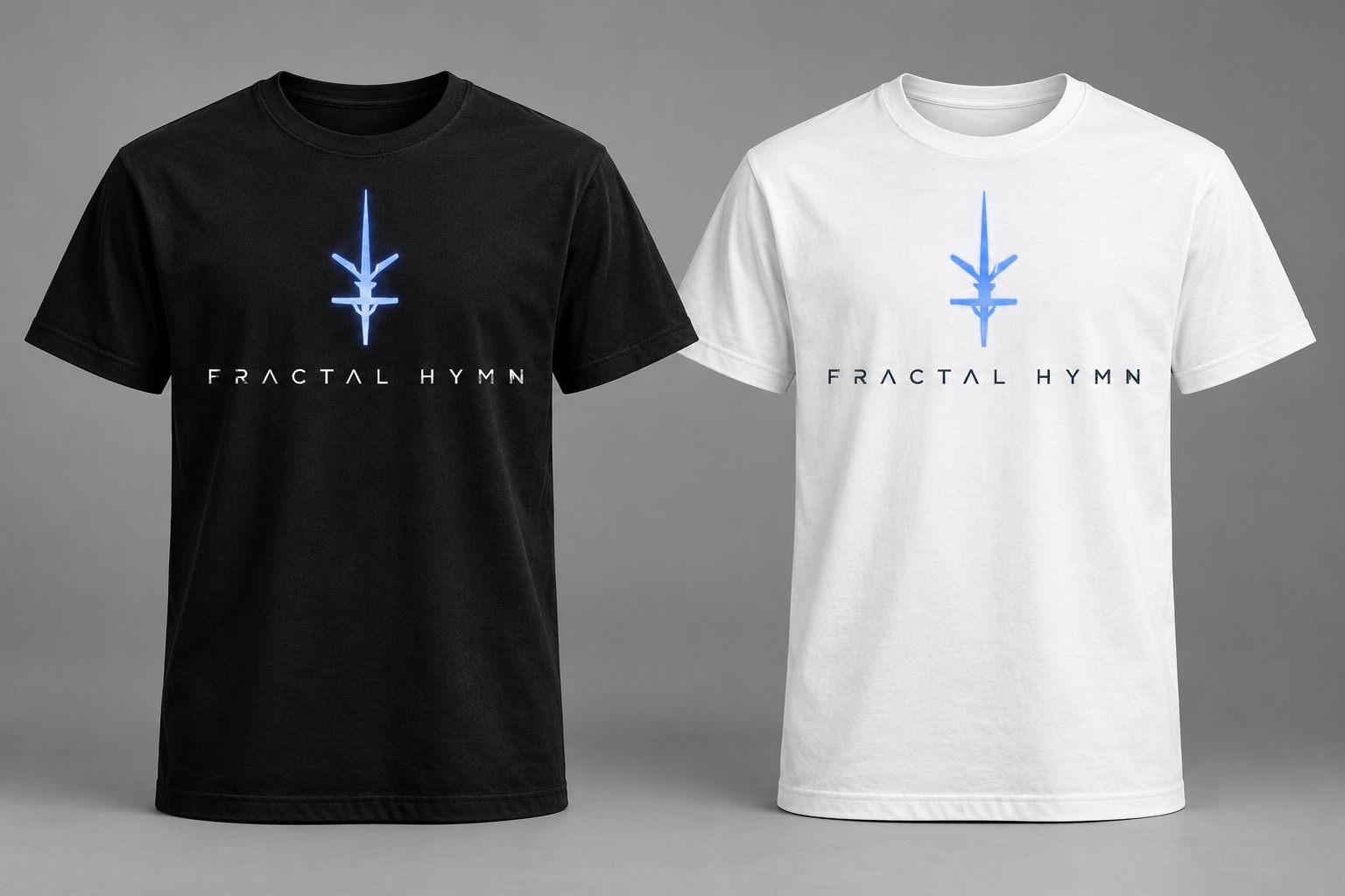Signature Mark Fractal Hymn shirts in black and white, men's standard fit
