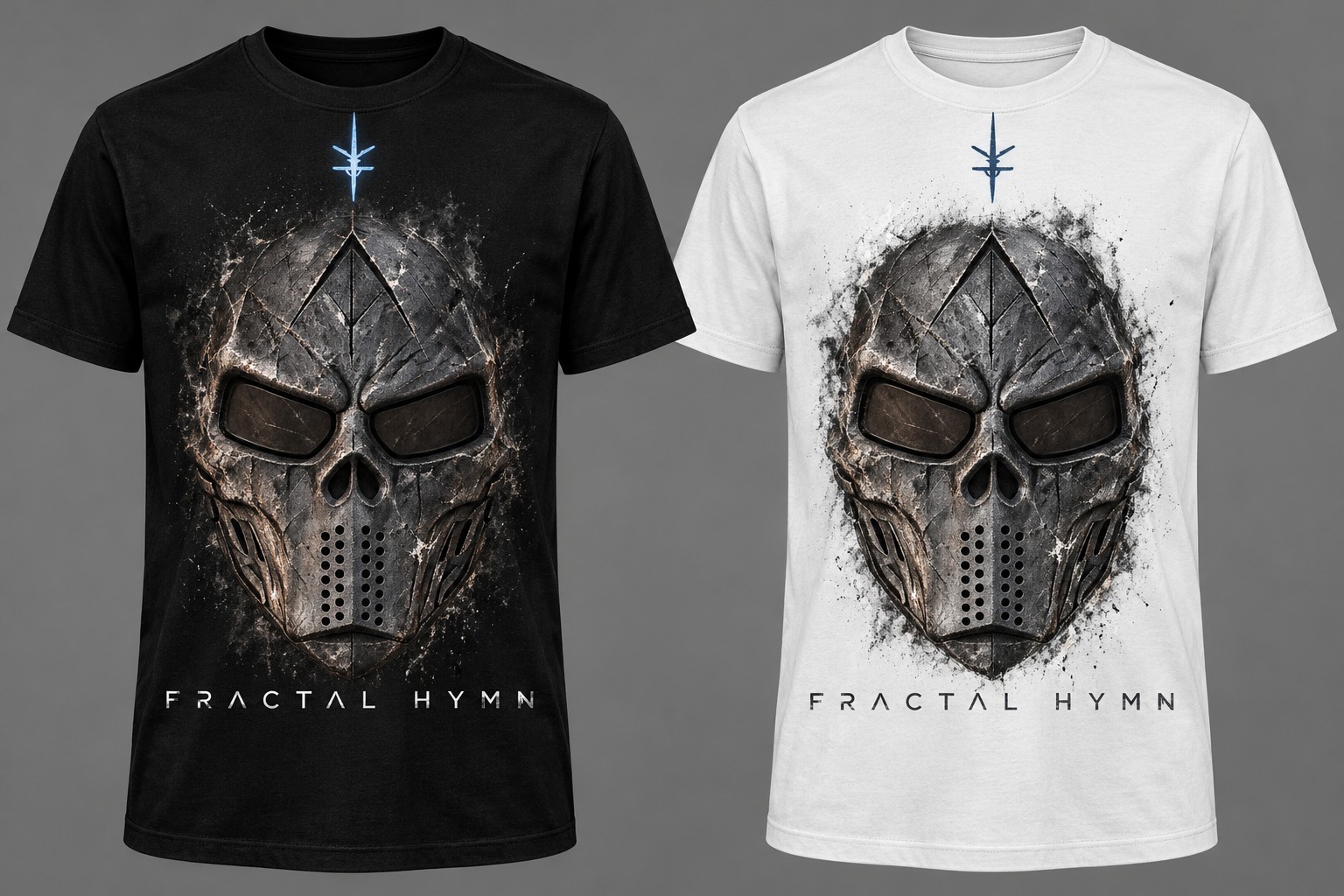 The Mask Fractal Hymn shirts in black and white, men's standard fit