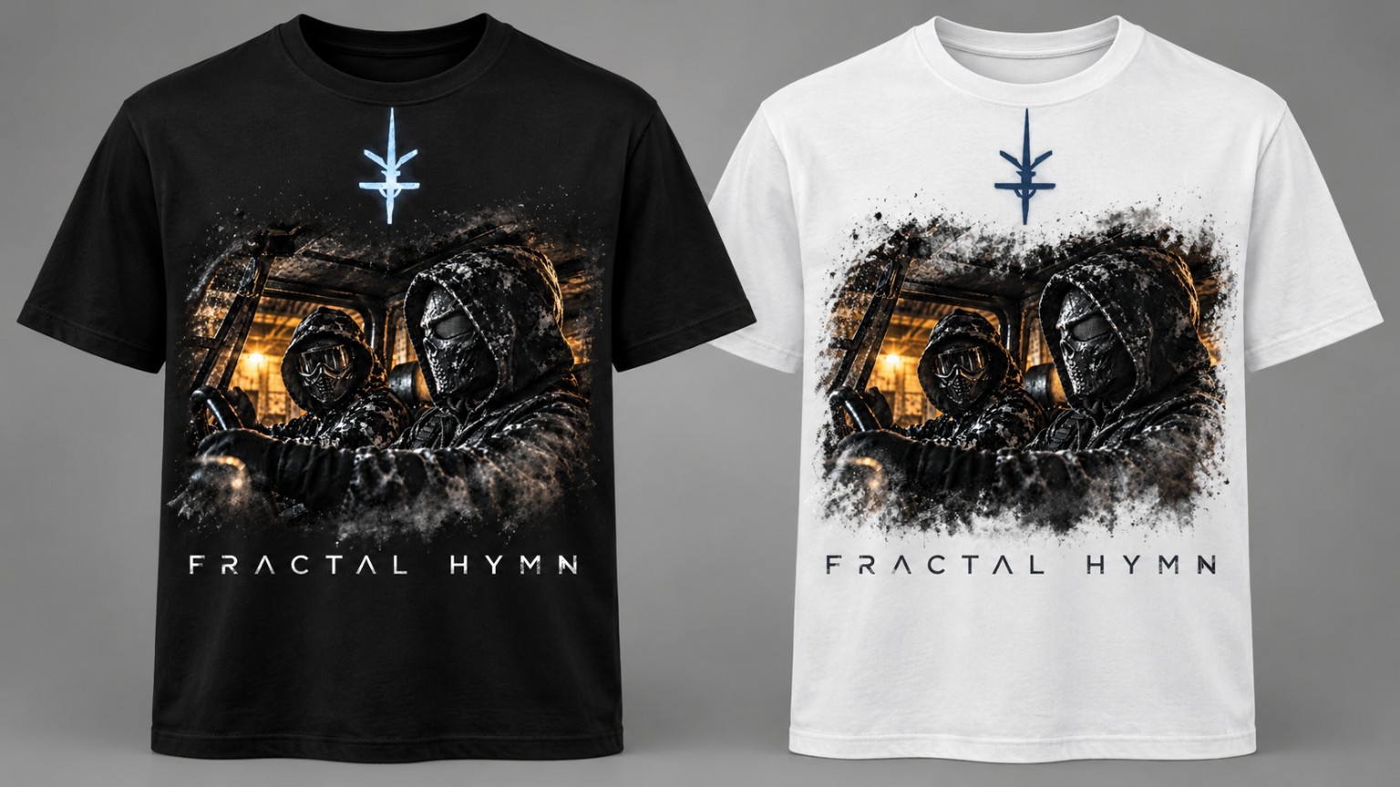 The Observers Fractal Hymn shirts in black and white, men's standard fit